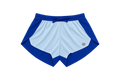 A pair of athletic shorts in a colorblock design of royal blue and light blue, featuring a drawstring waistband and a small metallic logo on the lower left leg, shown against a plain white background.