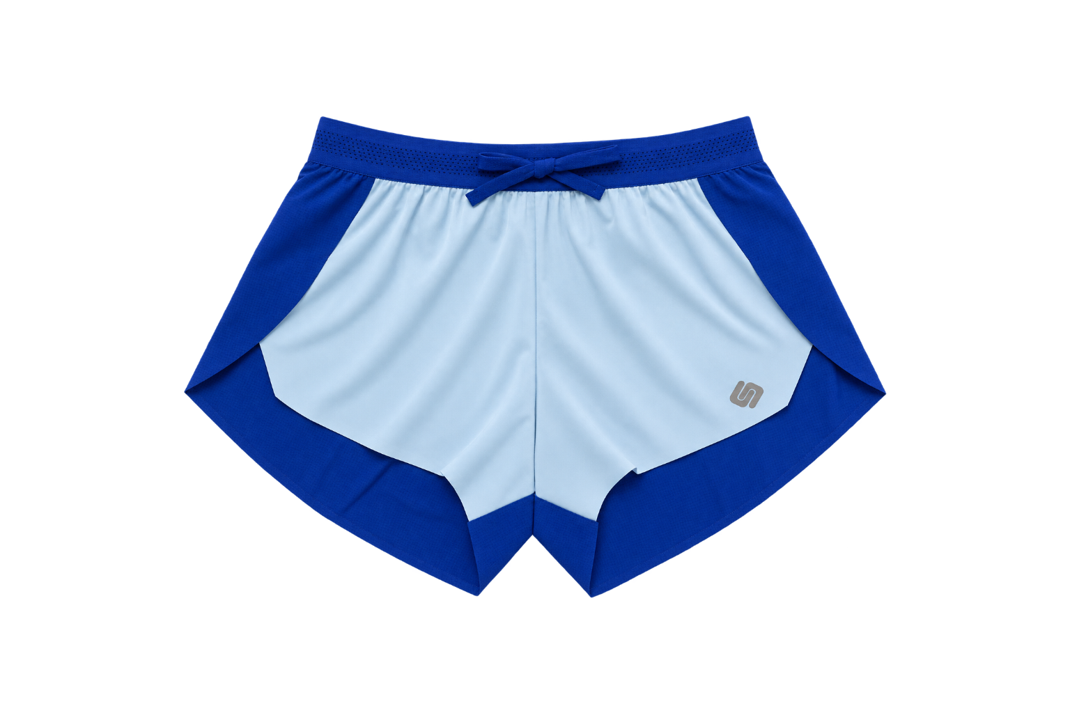 A pair of athletic shorts in a colorblock design of royal blue and light blue, featuring a drawstring waistband and a small metallic logo on the lower left leg, shown against a plain white background.